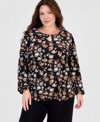 Plus Size Keyhole-Neck Long-Sleeve Knit Top