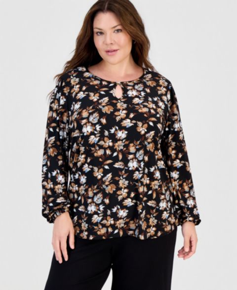Женский топ Anne Klein Essentials Plus Size Keyhole-Neck Long-Sleeve Knit Top, цвет: Чёрный разноцветный