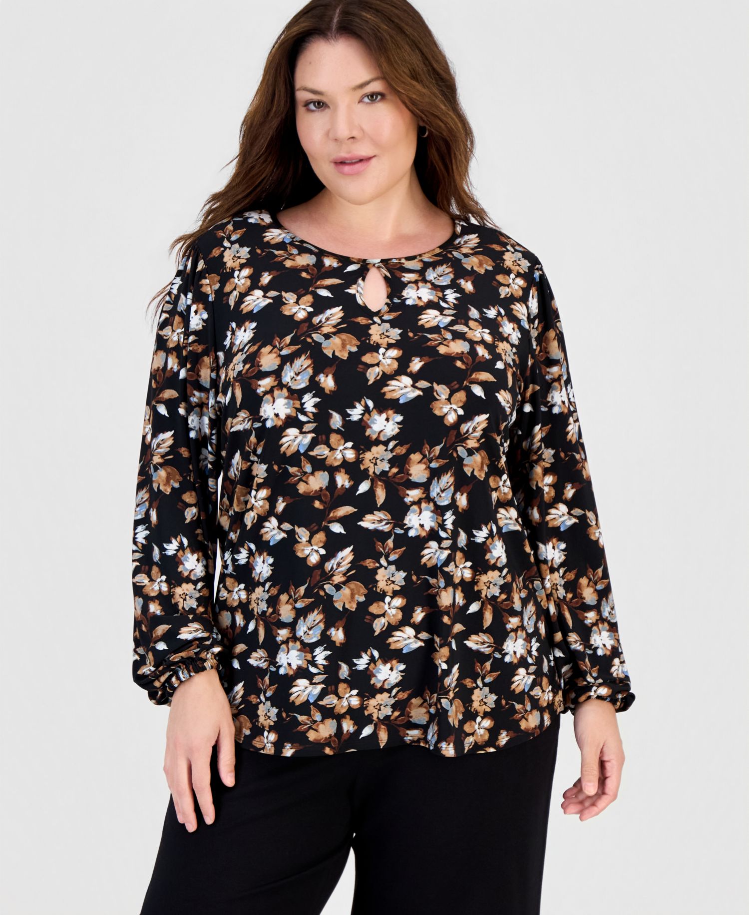 Plus Size Keyhole-Neck Long-Sleeve Knit Top