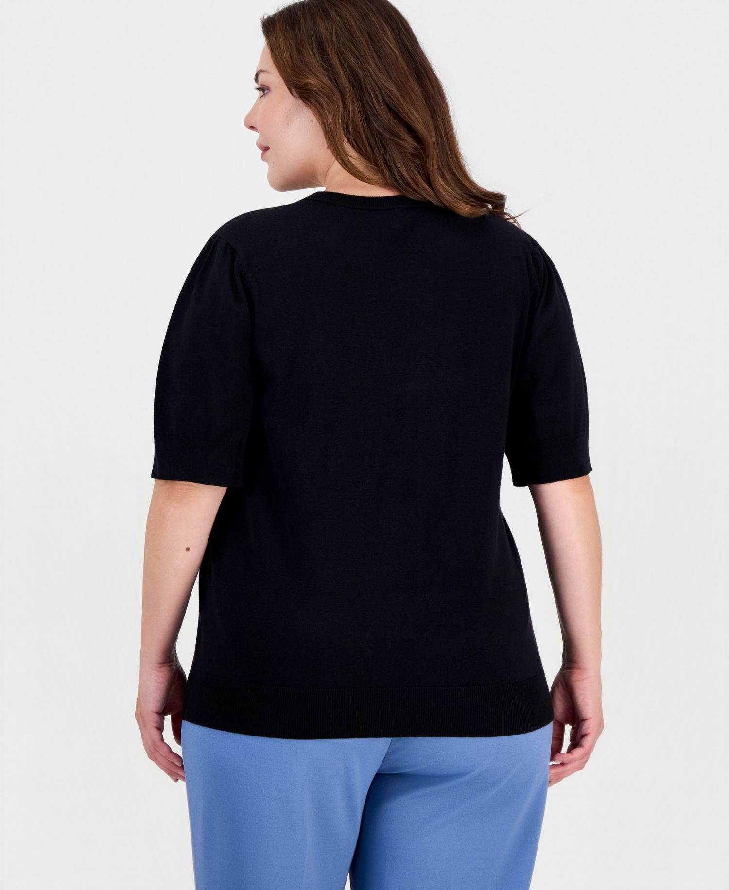 Plus Size Short Puff Sleeve Crewneck Sweater