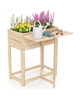 Wooden Raised Garden Bed with Legs and Foldable Side Table