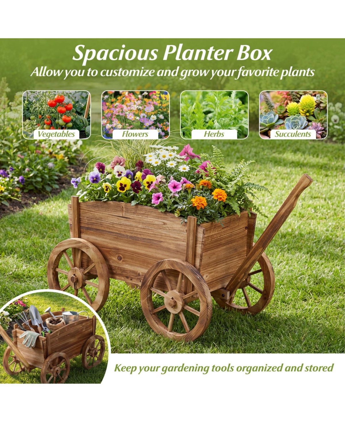 Sugift Rustic Rolling Flower Pot Stand with Wheels and Handle-Coffee