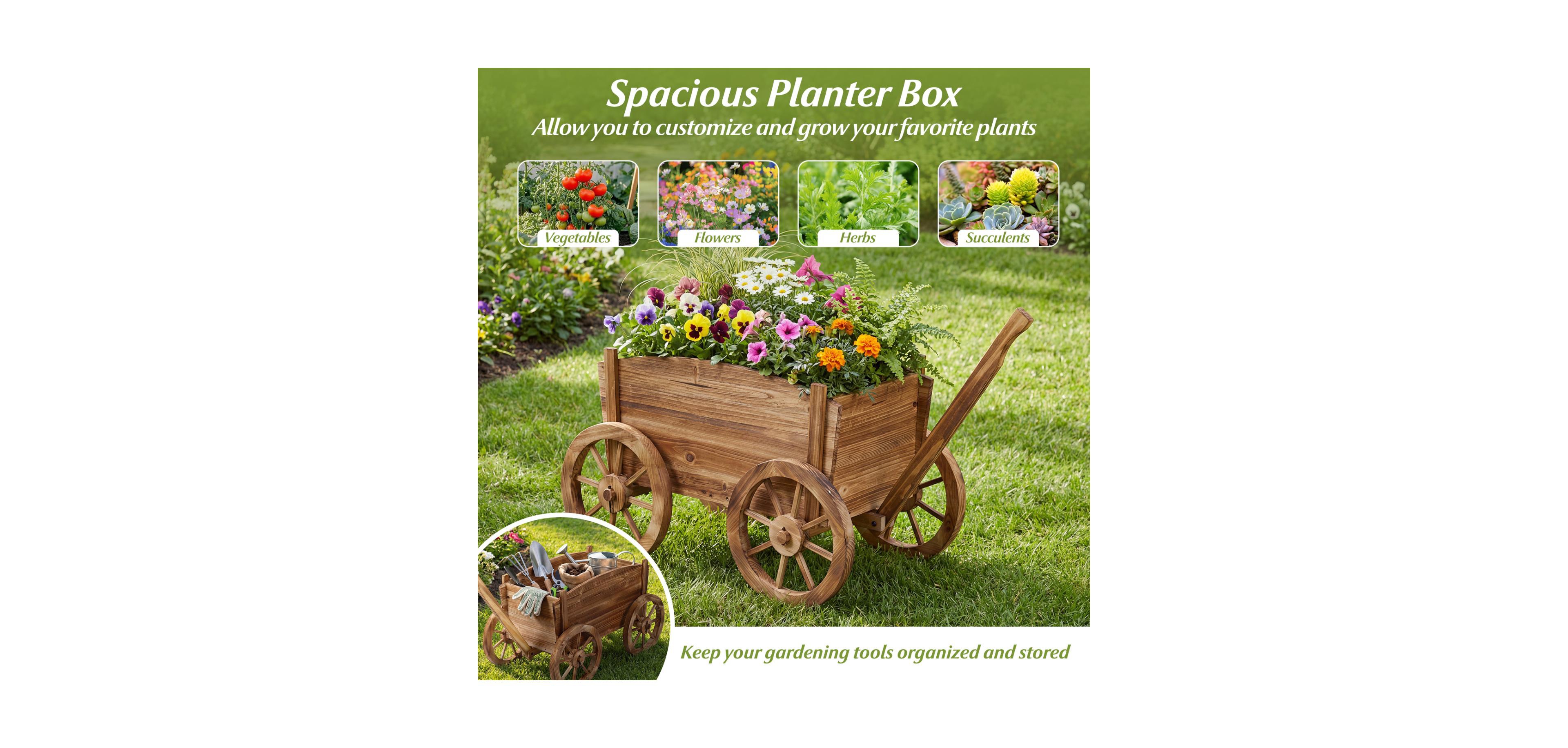 Sugift Rustic Rolling Flower Pot Stand with Wheels and Handle-Coffee