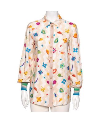 Women's Printed Crepe and Knit Trim Detailed Button Front Shirt
