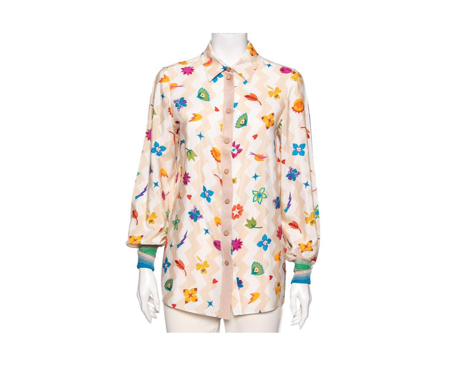 Women's Printed Crepe and Knit Trim Detailed Button Front Shirt