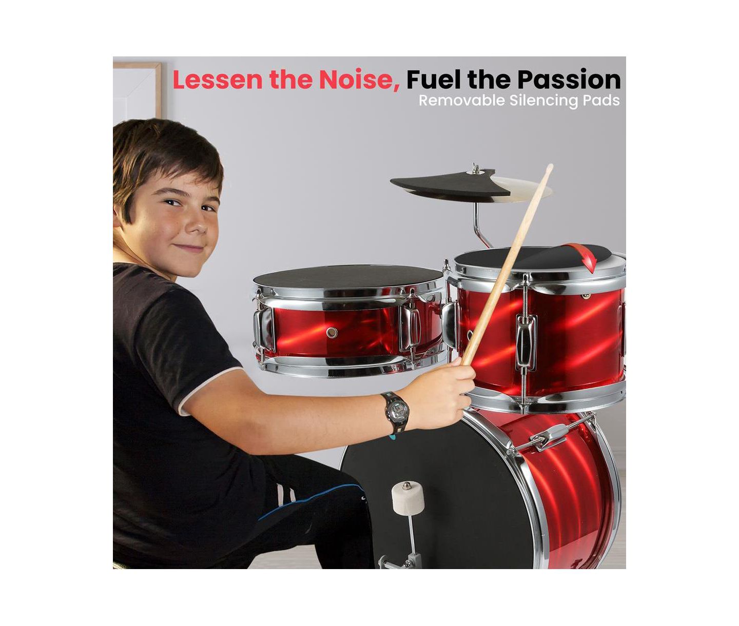 Детские игрушки Pyle 3-Piece Kids Drum Set - 13" Metallic Red Junior Drum Kit with Throne, Cymbal, Bass Pedal, Tom & Drumsticks — фото 6