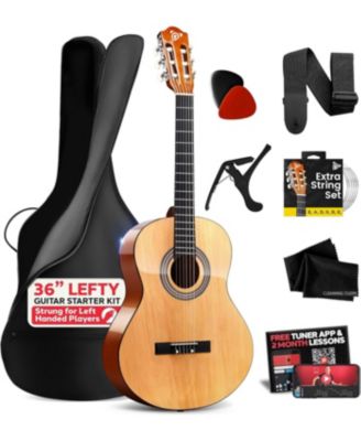 Left-Handed 3/4 Size Beginner Acoustic Guitar Kit - Nylon String 36" Junior Guitar with Capo, Strap, Extra Strings & Gig Bag, Natural Gloss