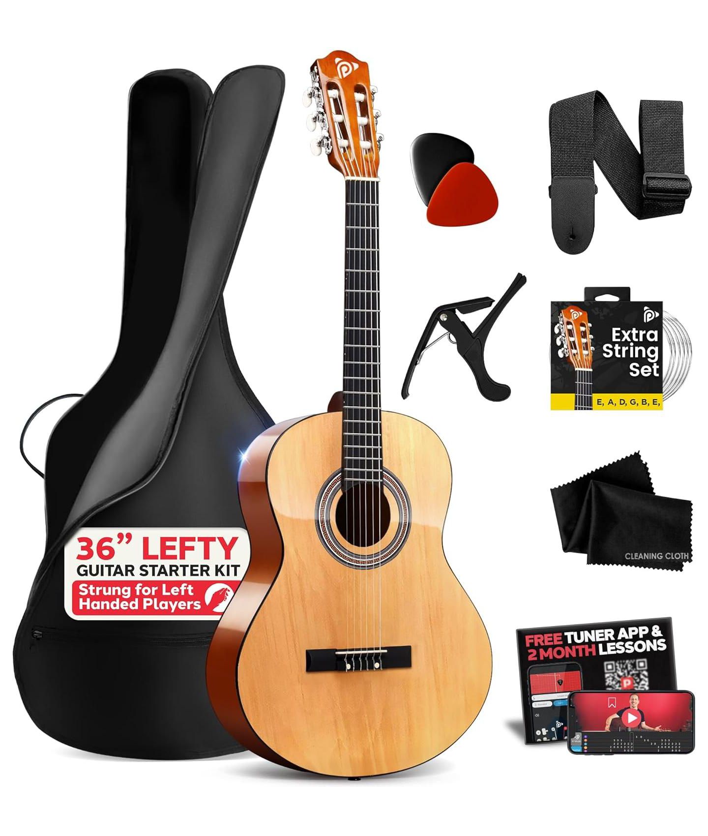 Детские игрушки Pyle Left-Handed Beginner Nylon-String Acoustic Guitar Kit, Ages 7+, цвет: Коричневый — фото 1
