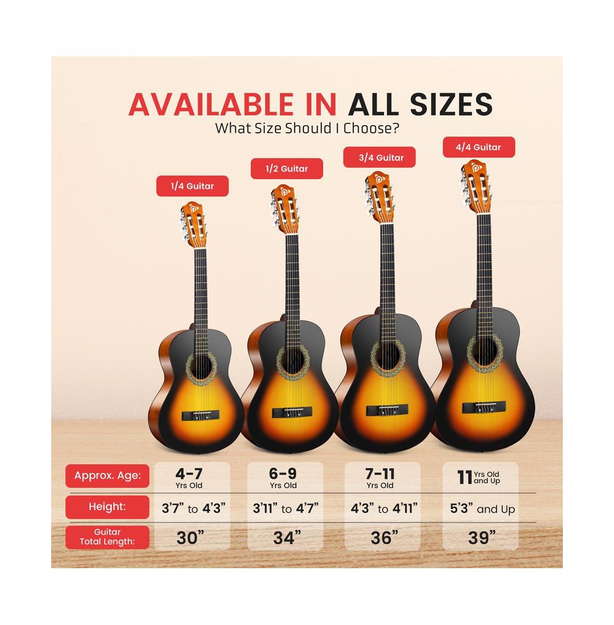 Pyle 39" 6-String Classic Guitar with Digital Tuner and Accessory Kit (Sunburst Teardrop)