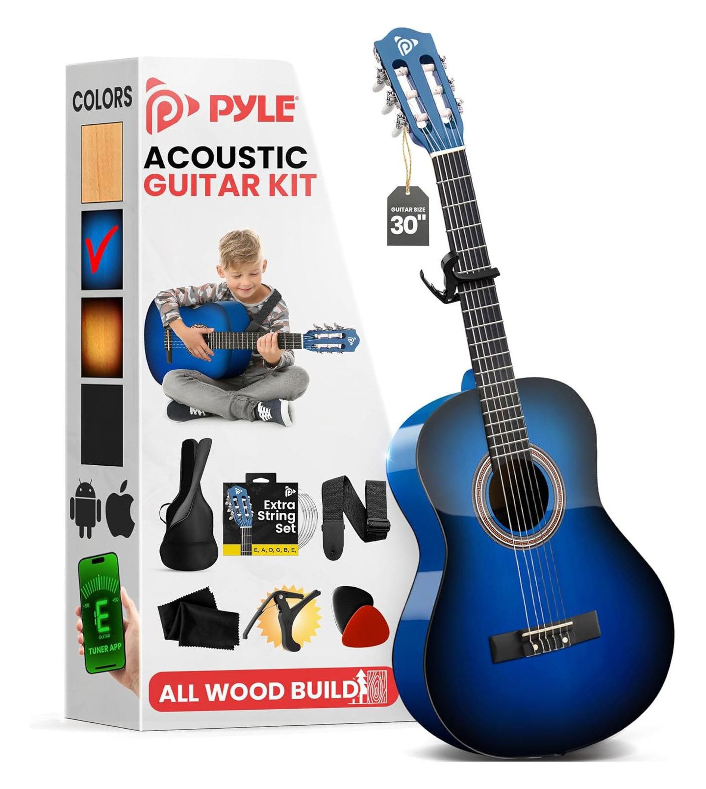 Детские игрушки Pyle Classical Beginner All-Wood Guitar Starter Kit, Ages 4+, цвет: Синий — фото 1