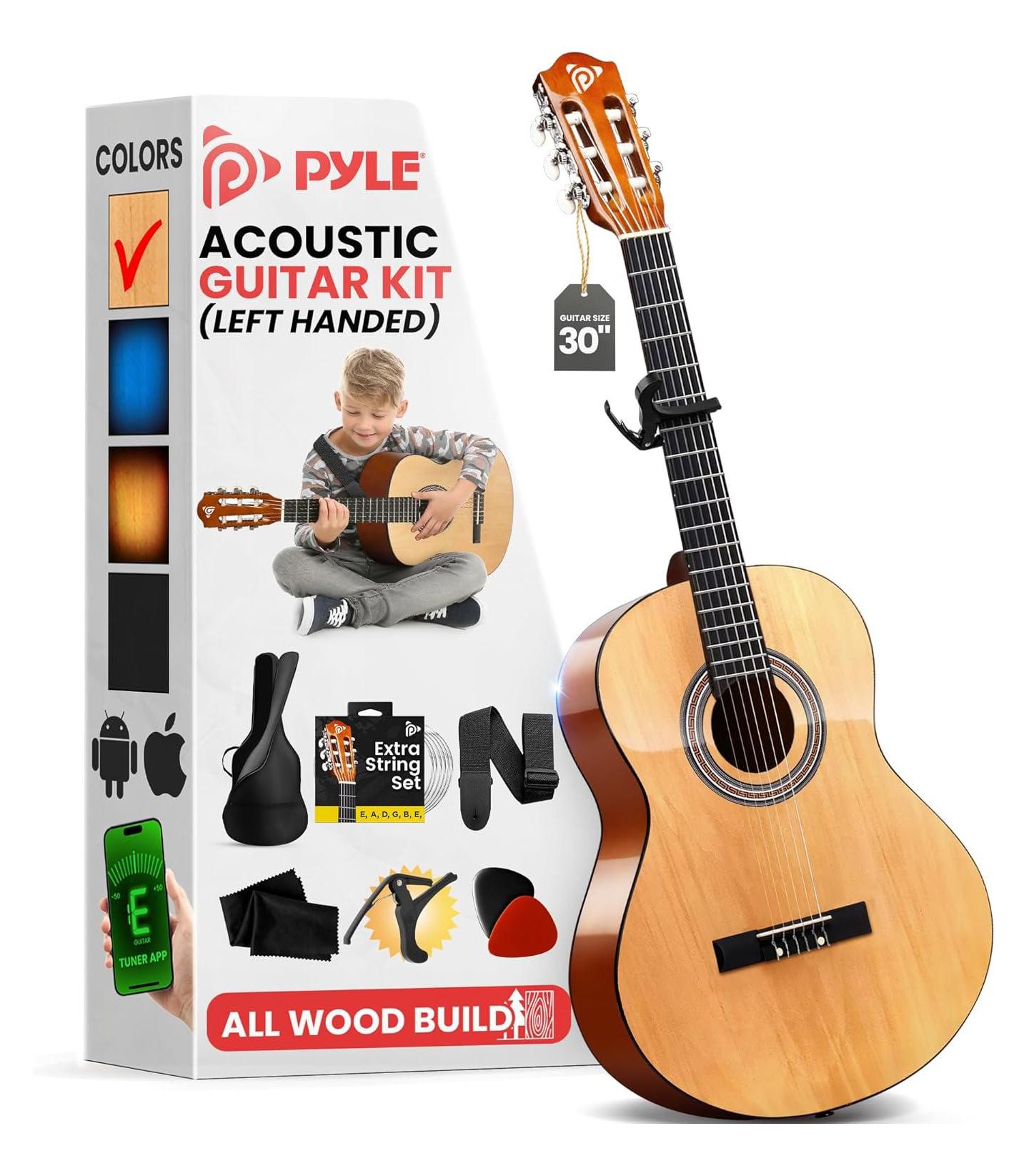 Детские игрушки Pyle Beginner Classical Nylon-String Guitar Starter Kit, 7-Piece, Ages 4+, цвет: Светлый коричневый — фото 1