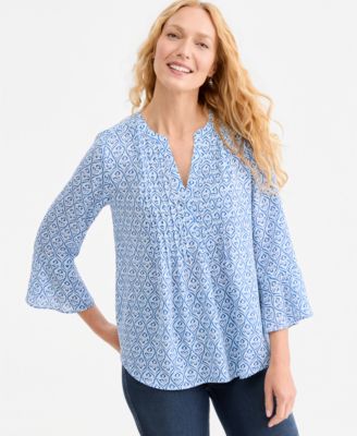 Women's Printed Pintuck Ruffle Sleeve Top