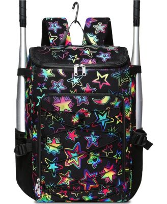 Star Pattern Baseball Softball Gear Backpack for Boys and Girls Ages 8-14 - Youth Bat Bag with Ventilated Shoe Compartment for Players