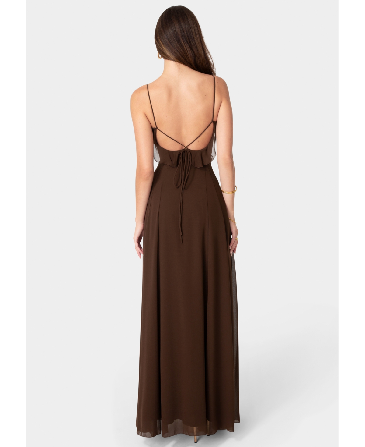 Bebe Women's Lace Up Ruffle Chiffon Maxi Dress