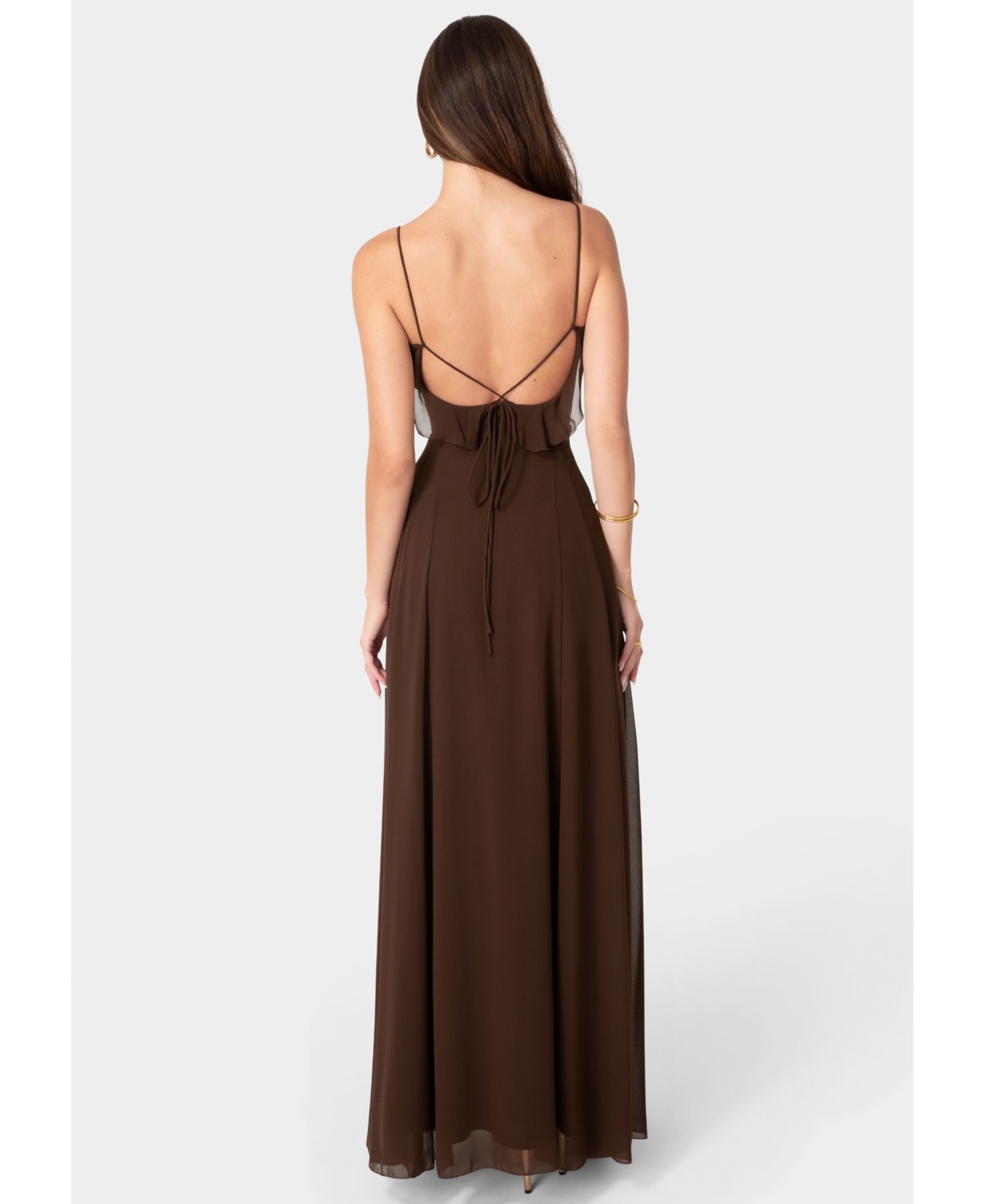 Women's Lace Up Ruffle Chiffon Maxi Dress