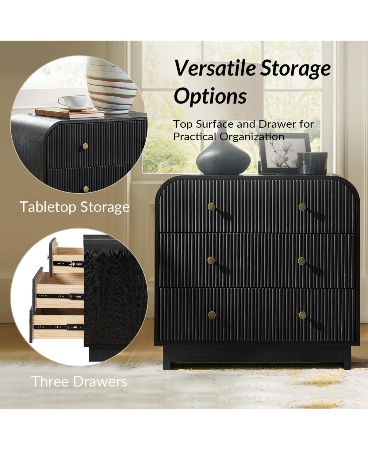 Hulala Home Melisa Modern 3-Drawer Fluted Curved End Table with Charging