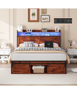 Queen Storage Bed With LED, Anti-Slip Metal Platform