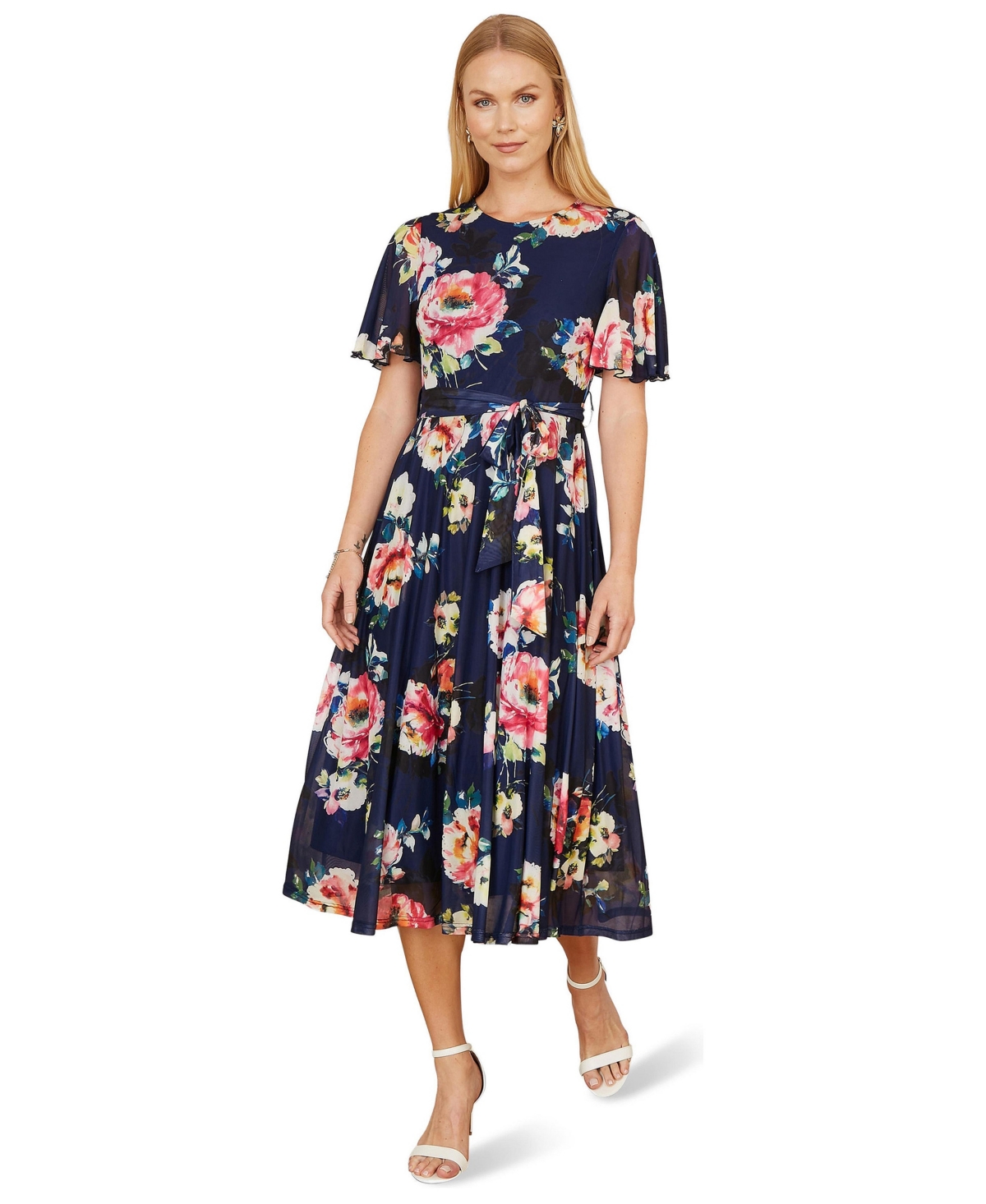 Yumi Women's Mesh Floral Print Midi Dress - Navy