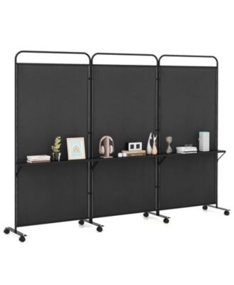 3-Panel Folding Room Divider with Metal Shelves and Lockable Wheels