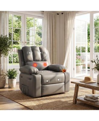 Massage Recliner with Lumbar Heat, Swivel and Rocking Motion - Comfortable Easy-Clean Seating with Cup Holders and Side Storage Pocket