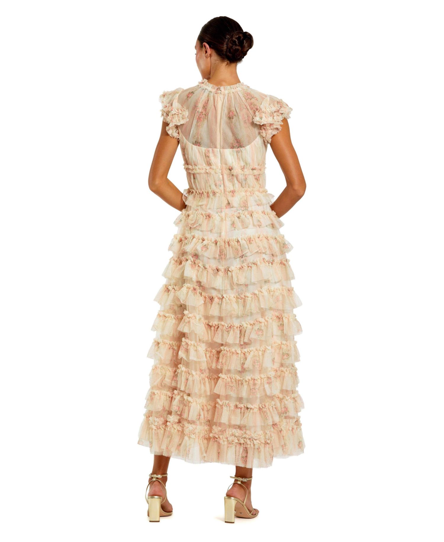 Women's Printed Mesh Short Sleeve Micro Ruffle Midi Dress