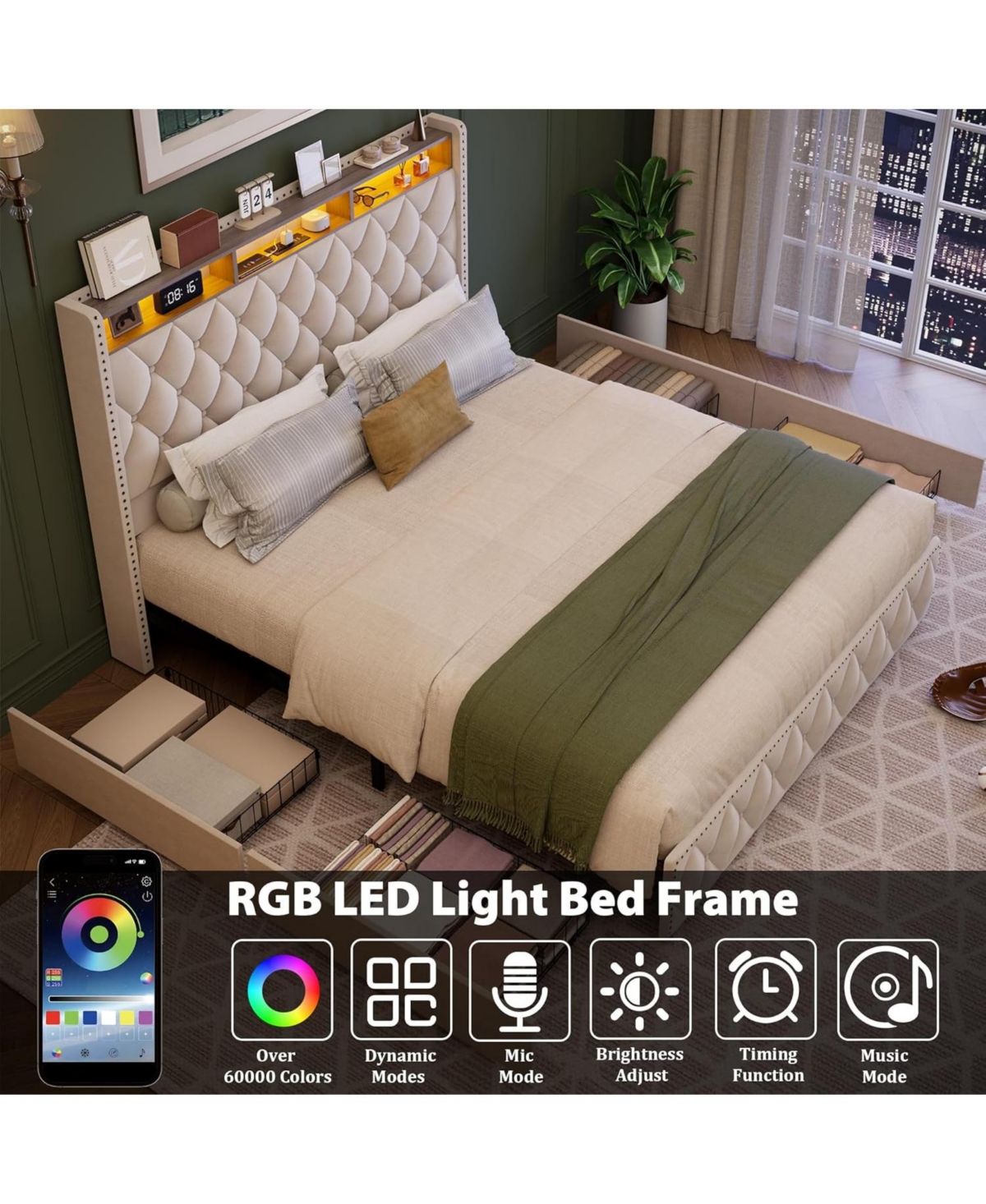 gaomon Bed Frame with 50.8 Inch Tall Headboard, Platform Leather Upholstered 4 Storage Drawers, Usb Charging Station