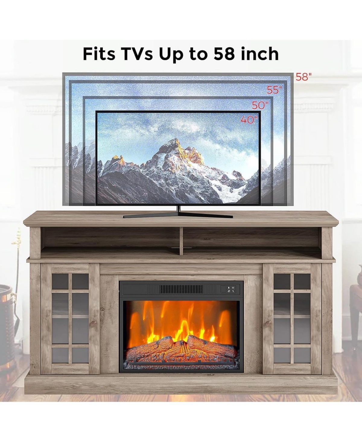gaomon 58" Wooden Tv Stand with Electric Fireplace Insert Storage Cabinets Rustic Console