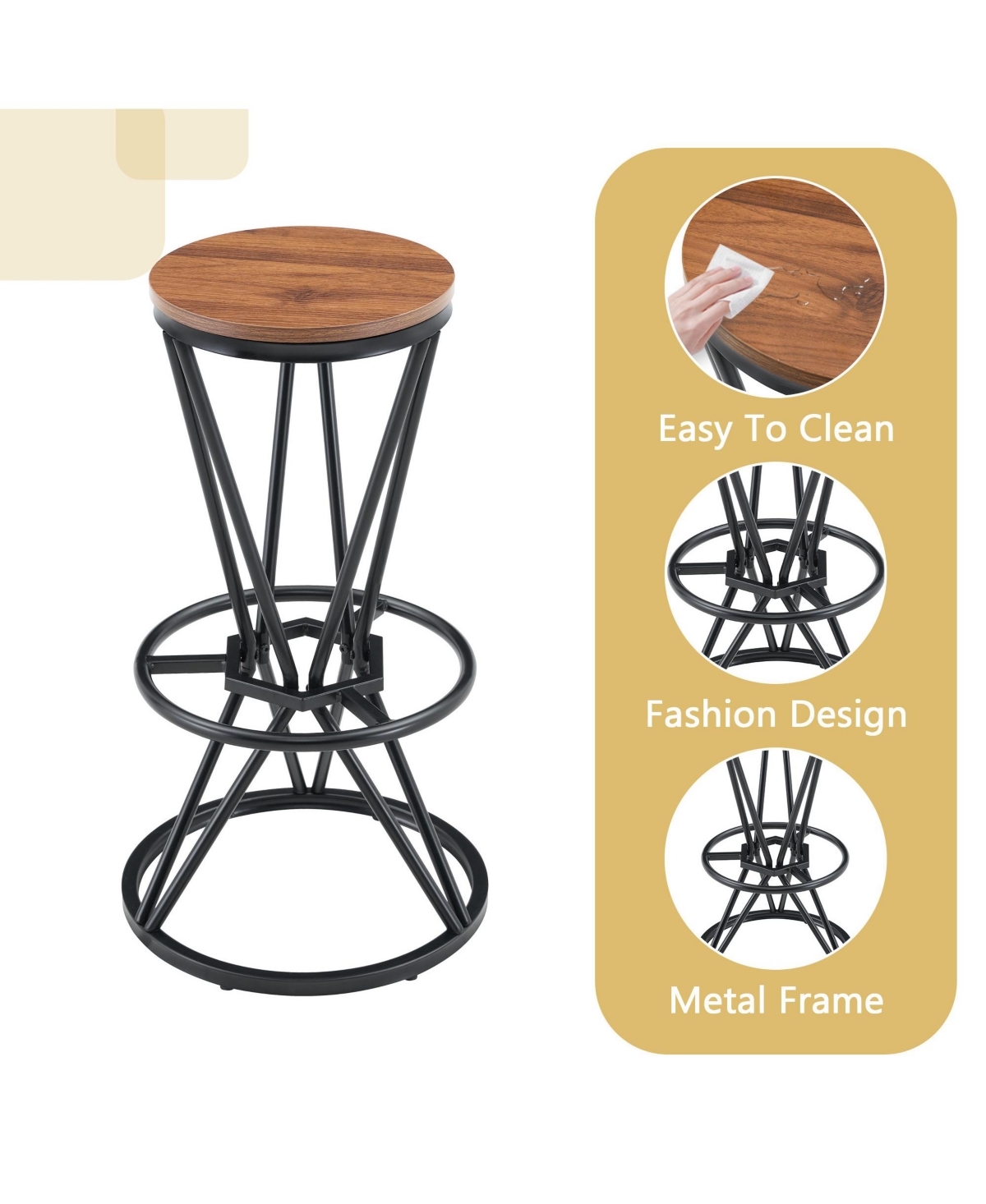 Rainsken Bar Table and Chair Set for 2 - 31.5" Wood Grain Mdf Tabletop with Black Metal Frame, Industrial Style Counter Combination