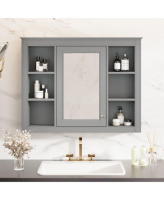 35" x 27.5" Wall Mounted Bathroom Storage Cabinet with Adjustable Shelves and Mirror