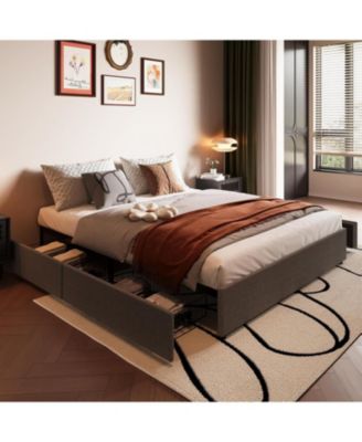 Queen Platform Bed with 4 Drawers, Linen Upholstered