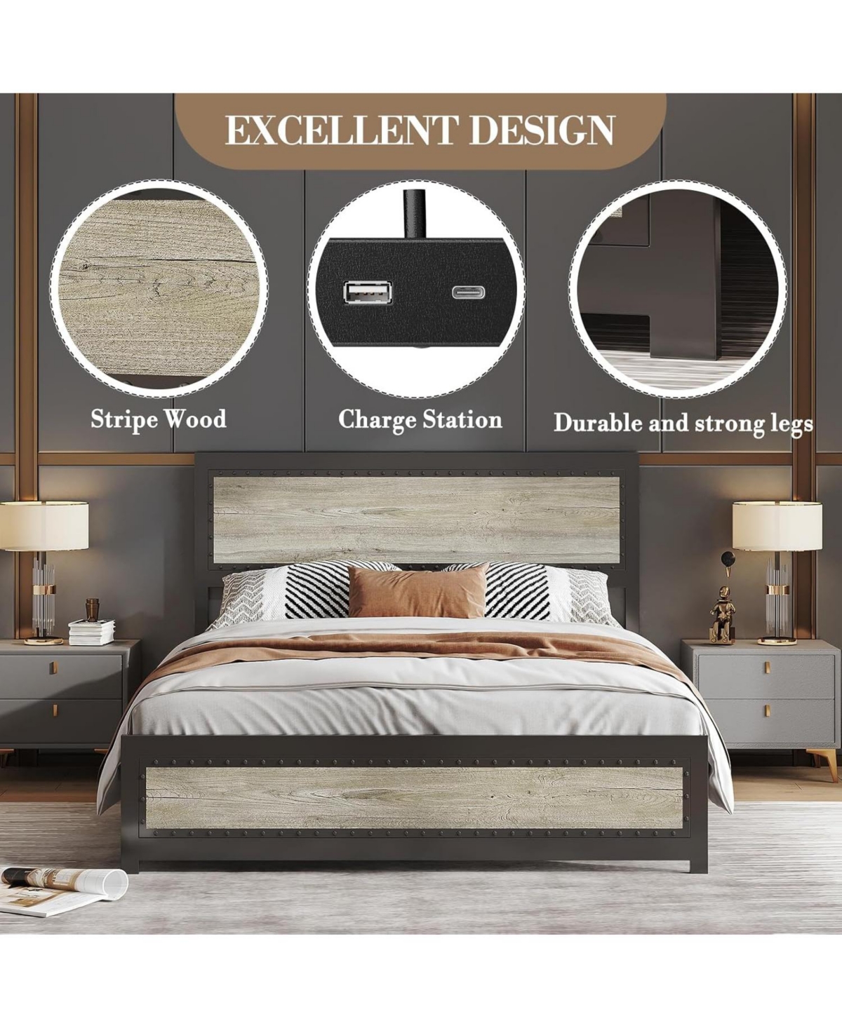 gaomon Industrial Platform Bed Frame with Charging Station And Headboard