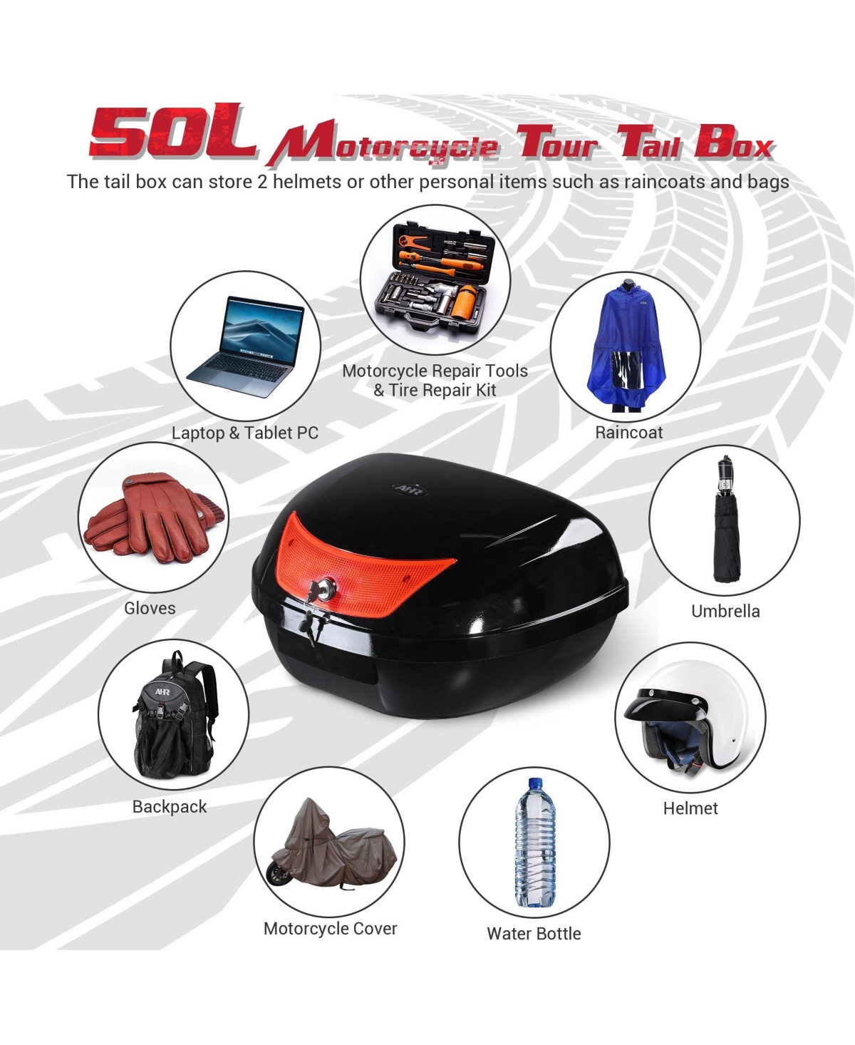 Yescom 50L Universal Motorcycle Tour Tail Box Scooter Trunk Storage with Lock Case
