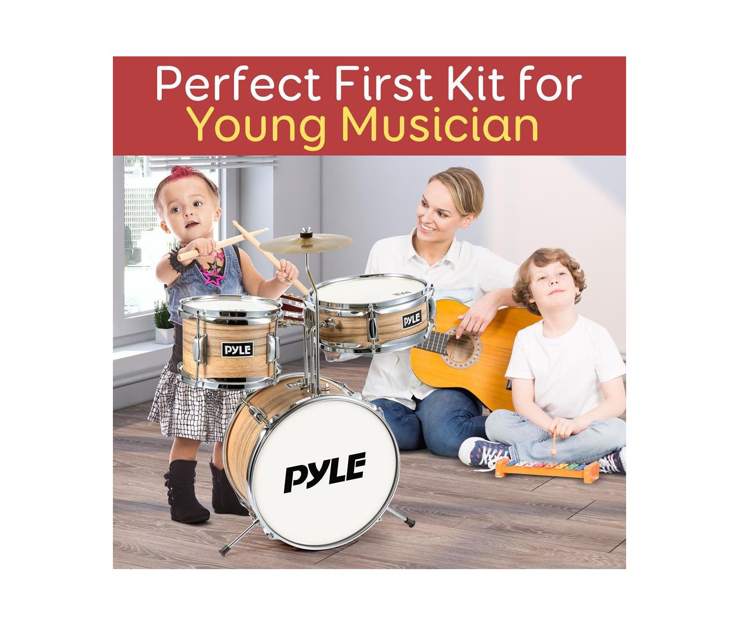 Детские игрушки Pyle 3-Piece Kids/Junior Drum Set - Includes Bass Drum, Tom, Snare, Cymbal, Throne, and Sticks, Natural Finish (PDRMKIT72N) — фото 5