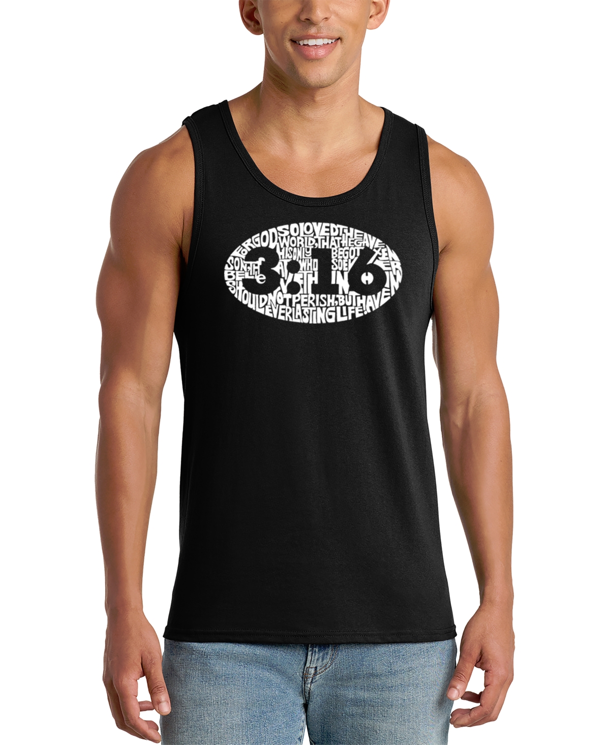 La Pop Art Men's 3:16 Oval Typography Word Graphic Tank Top