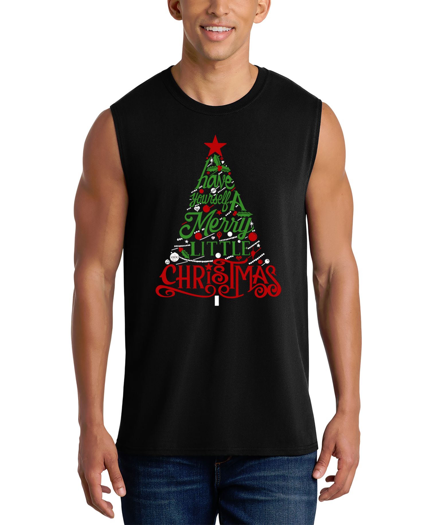 Men's Merry Christmas Tree Script Graphic Tank Top