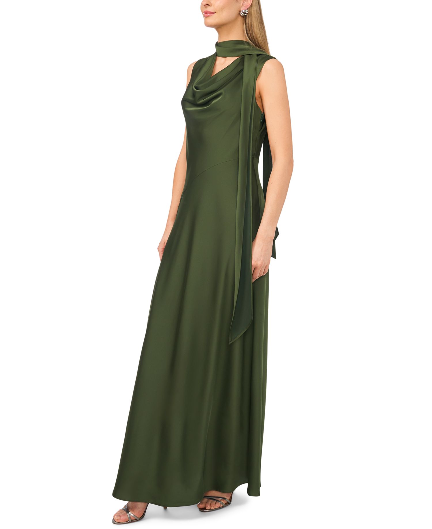 Women's Sleeveless Cowl Neck Scarf-Tie Maxi Dress