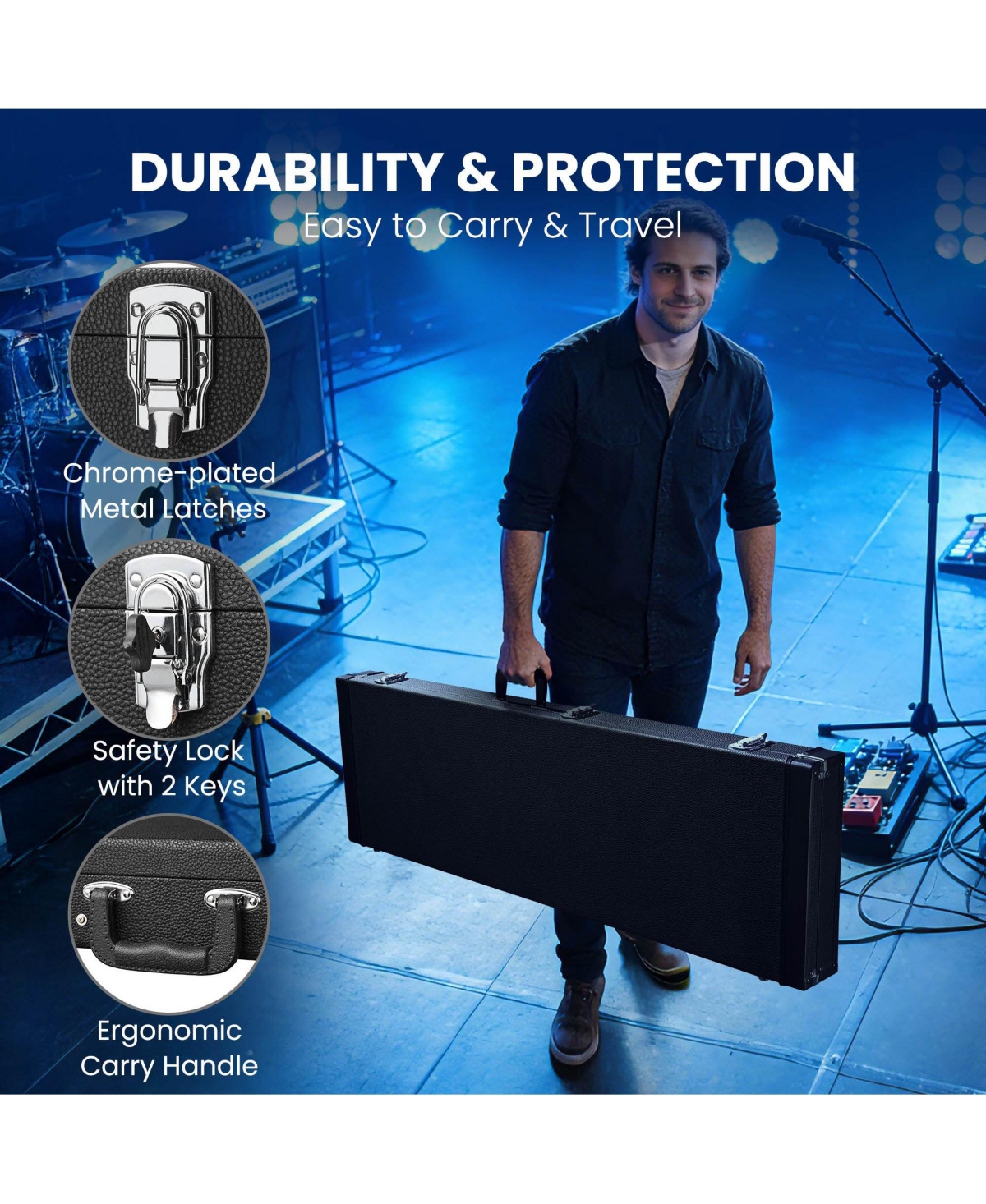 Yescom Rectangular Electric Bass Guitar Case Hard Shell with Folding Guitar Stand