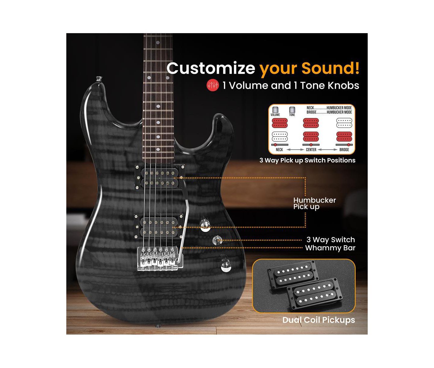 Детские игрушки Pyle 39.4" Electric Guitar Kit with Amplifier, Digital Tuner & Accessories - PEGKT99BK — фото 5