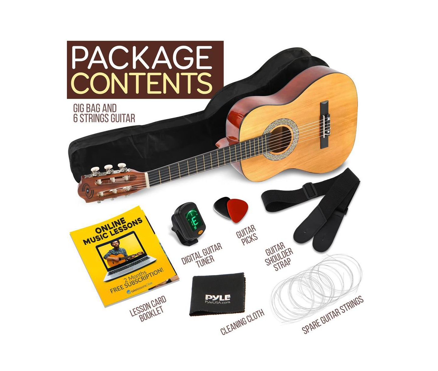 Детские игрушки Pyle 1/2-Size Beginner Acoustic Nylon-String Guitar Kit, Ages 5+, цвет: Светлый коричневый — фото 8