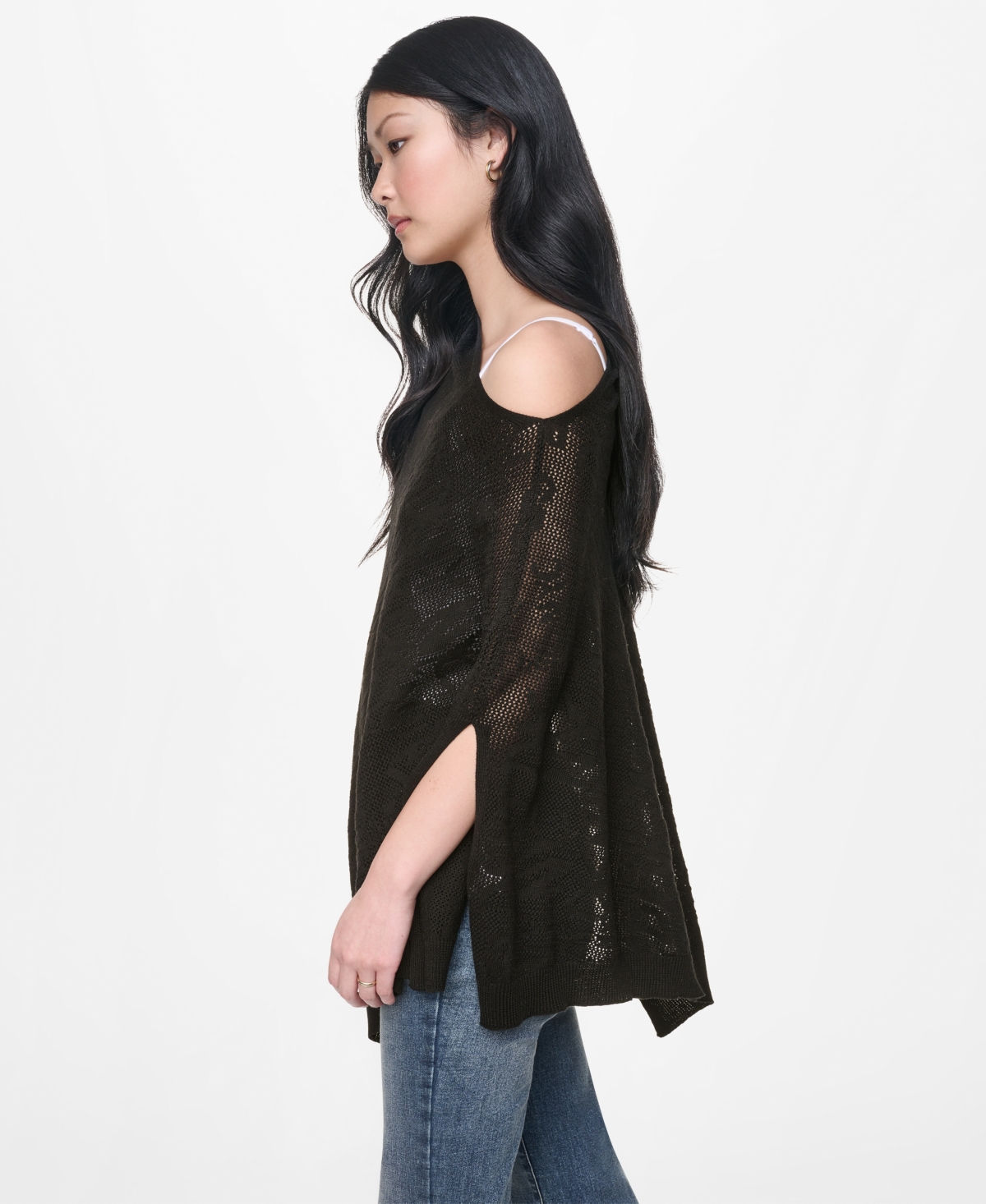 Dkny Jeans Women's Asymmetric Logo Pointelle Stitch Poncho Sweater