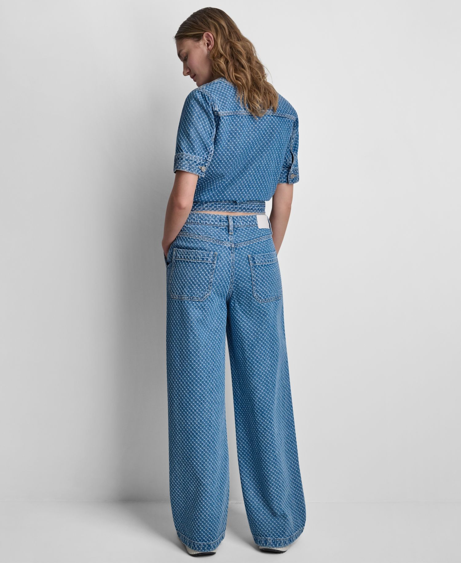 Women's Cropped Patch Pocket Short-Sleeve Boucle Denim Shirt Jacket