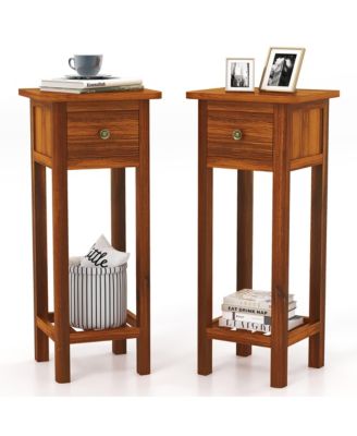 2Pieces Solid Wood Side Table Home Rectangular Sofa Side Table with Acacia Wood Top Telephone Table