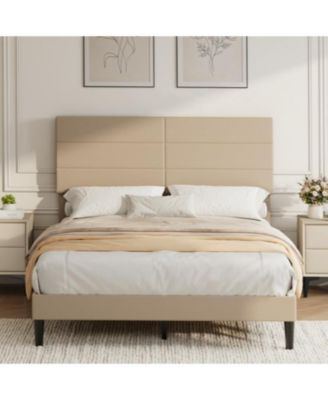 Upholstered Platform Bed, 6-Grid Linen Headboard, No Box Spring Needed