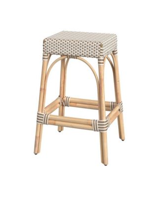 Robias Rectangular Rattan 30" Bar Stool, White and Tan Dot
