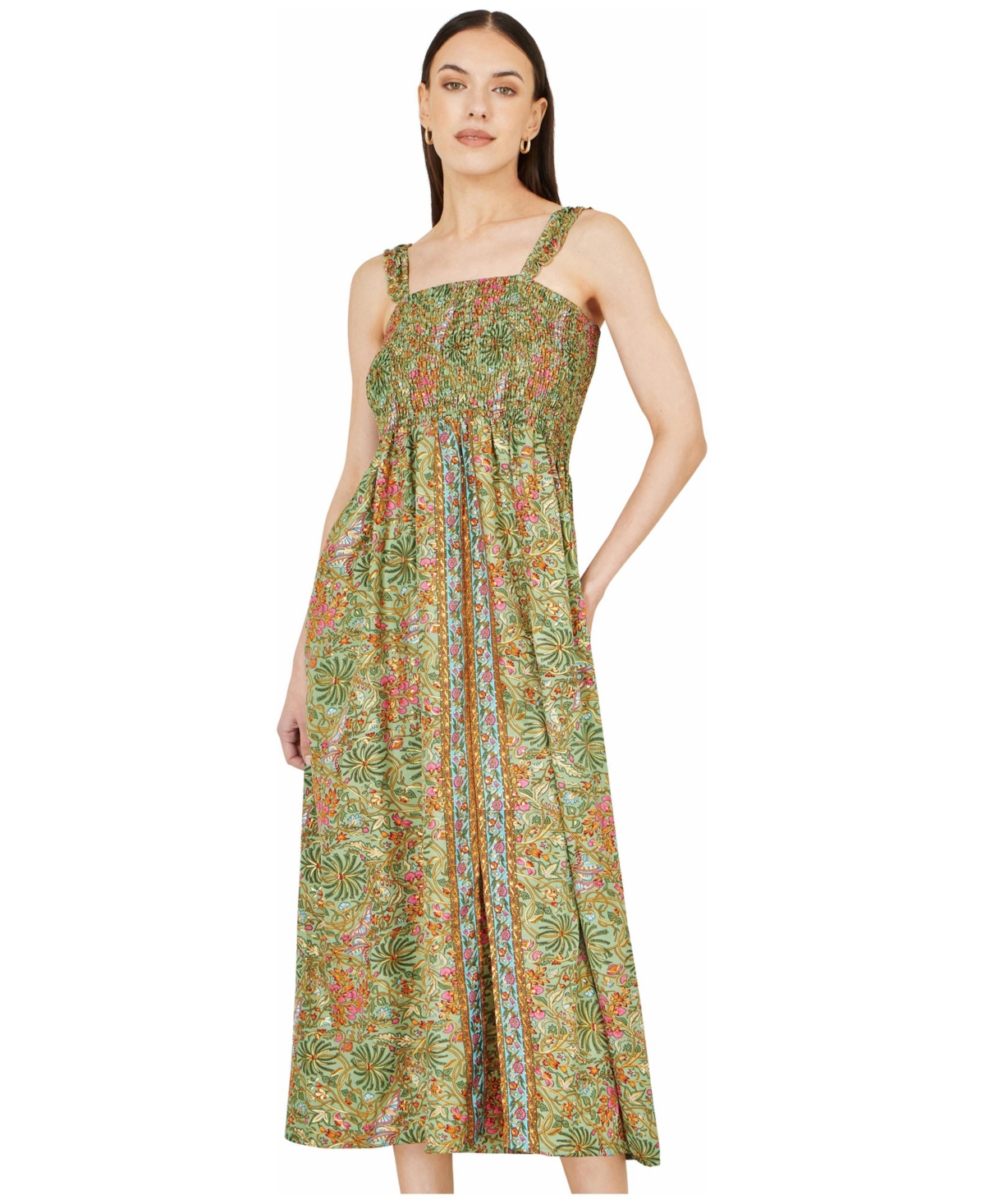 Yumi Women's Foil Palm Print Ruched Midi Dress