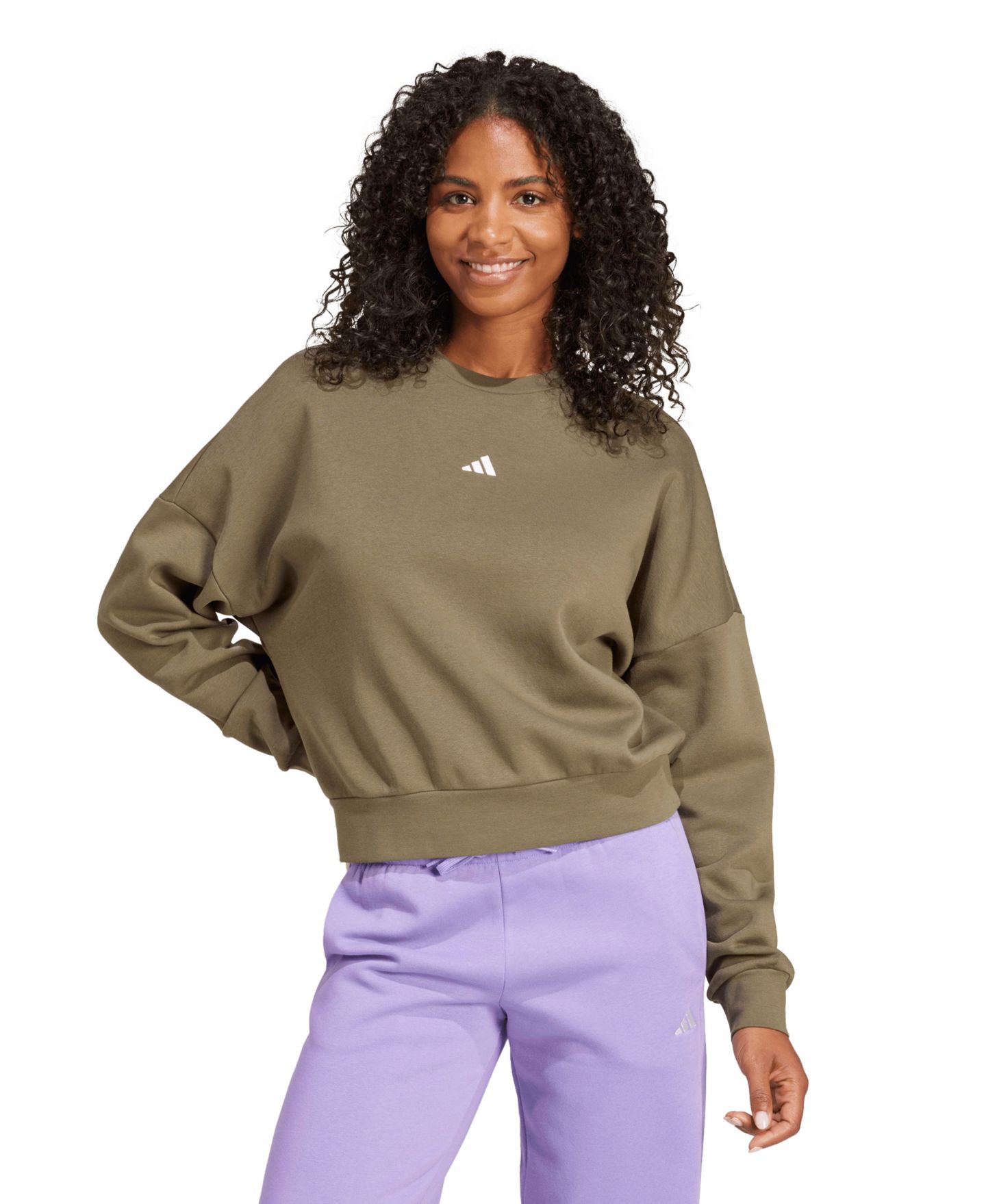 Женские толстовки adidas Crewneck, цвет: Оливковый / Белый — фото 1