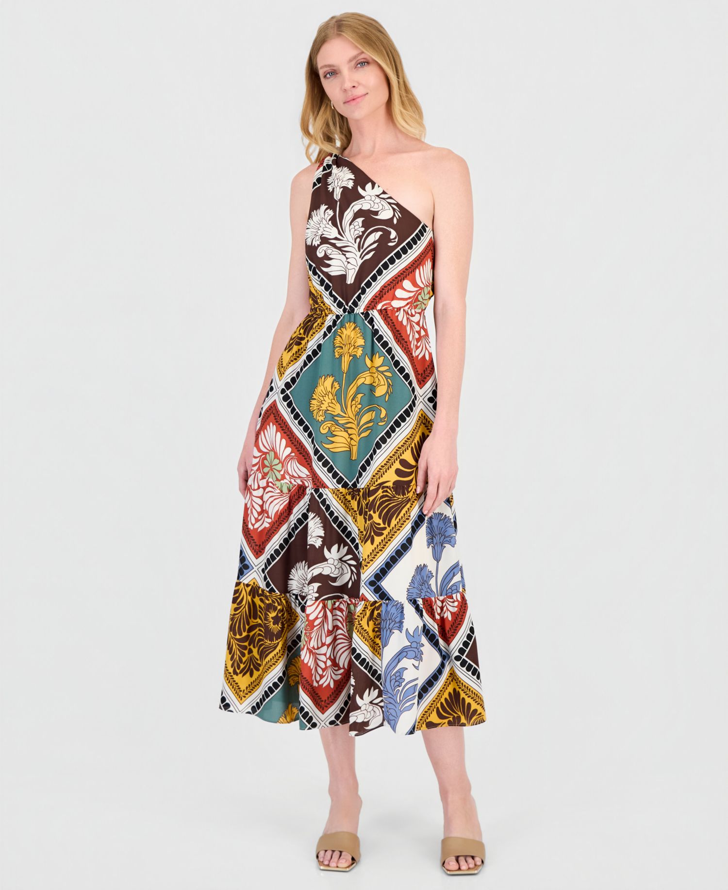 Women's Printed Tiered One-Shoulder Maxi Dress