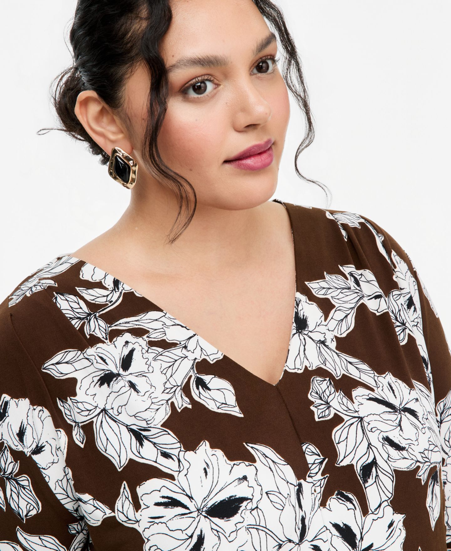 Топ I.N.C. International Concepts Plus Size Floral-Print Pleated V-Neck Long-Sleeve Top, цвет: Julee Gardens — фото 3
