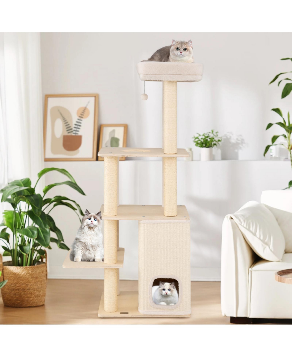 Gymax 63'' Tall Wooden Cat Tree w/2-Story Condo Plush Padded Top Perch Dangling Ball