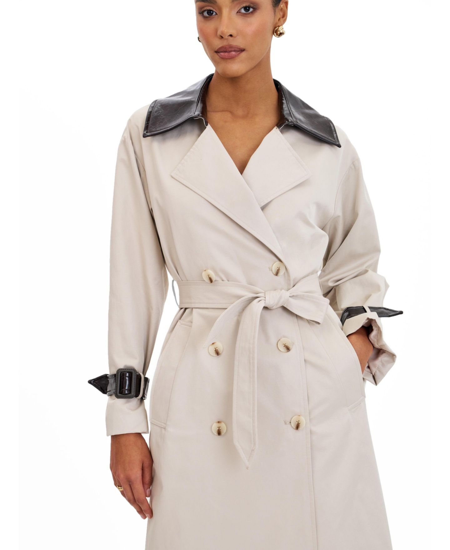 Женское пальто Miss Circle Umber Oyster Double-Breasted Lapel Trench, цвет: Бежевый — фото 2